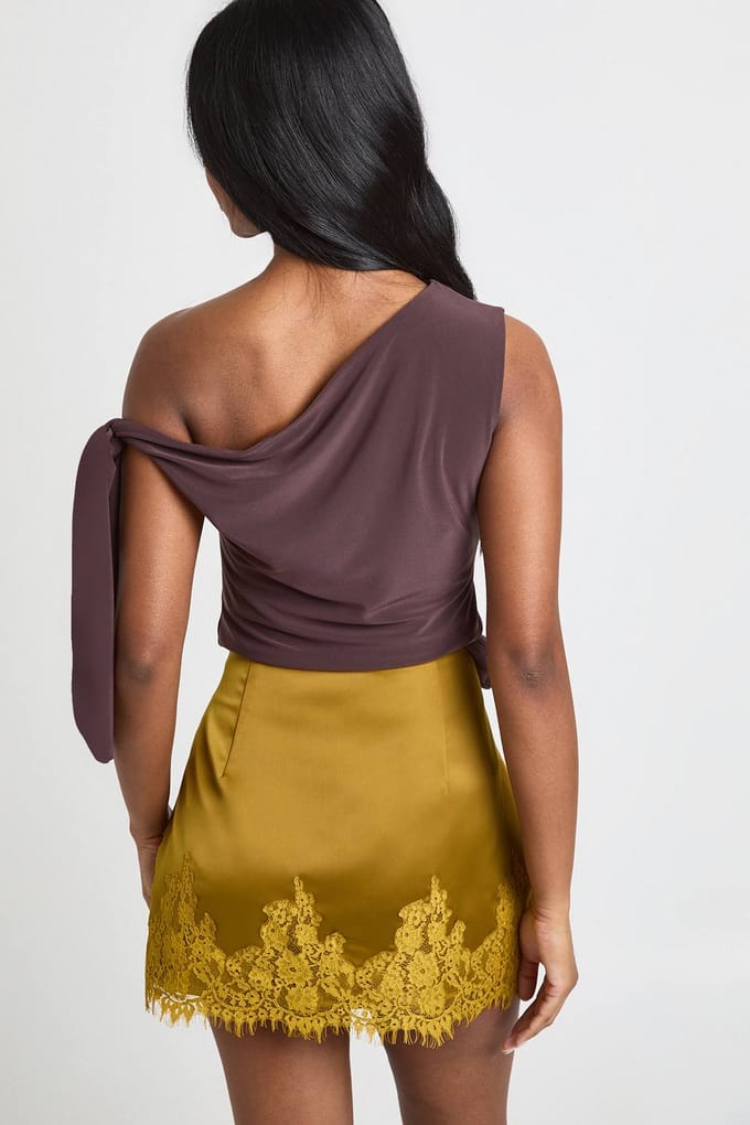 boohoo Dames Satijnen Mini Rok met Kanten Zoom | Olive | Maat: 14