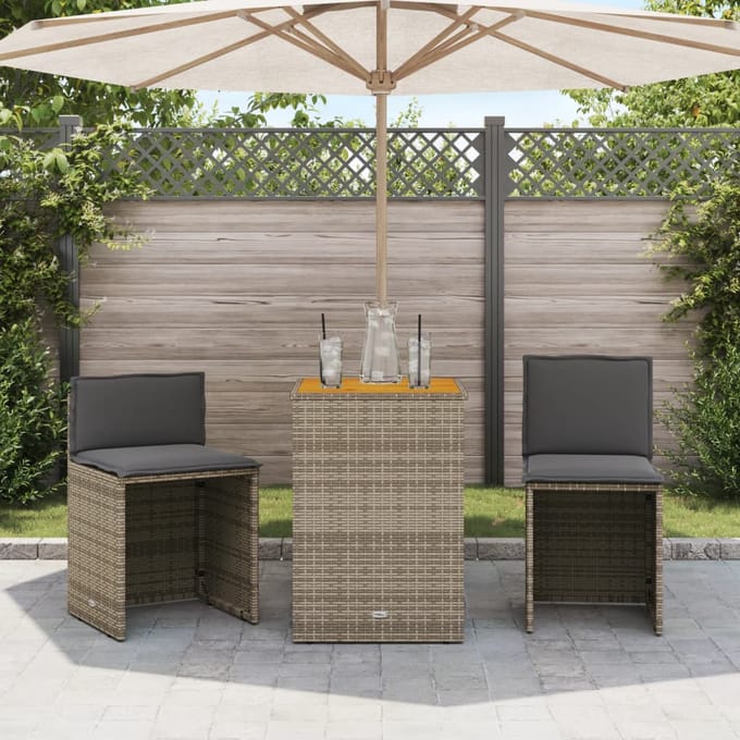 vidaXL - 3-delige - Bistroset - met - kussens - poly - rattan - grijs