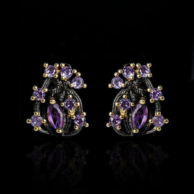 Boucles d'oreilles fleur en zircon violet pour femmes, élégantes, classiques, noires et dorées black