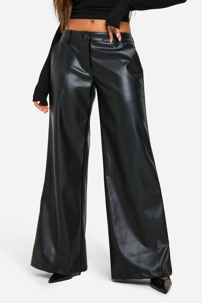 boohoo Dames Low Rise PU Wide Leg Trouser | Zwart | Maat: 44