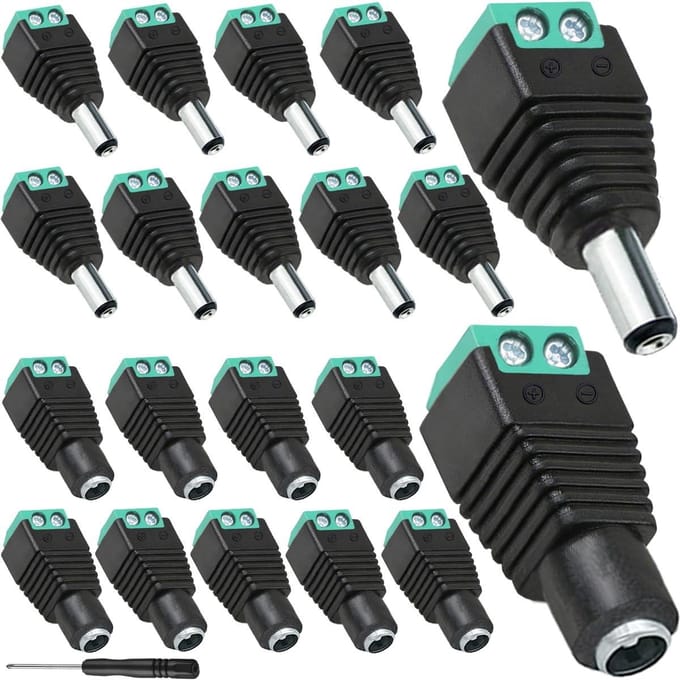 DC Power Connector - Stekker Adapter - Apparatuur Aansluiten - Dubbel Spuitgegoten - 20 Stuks - Zwart