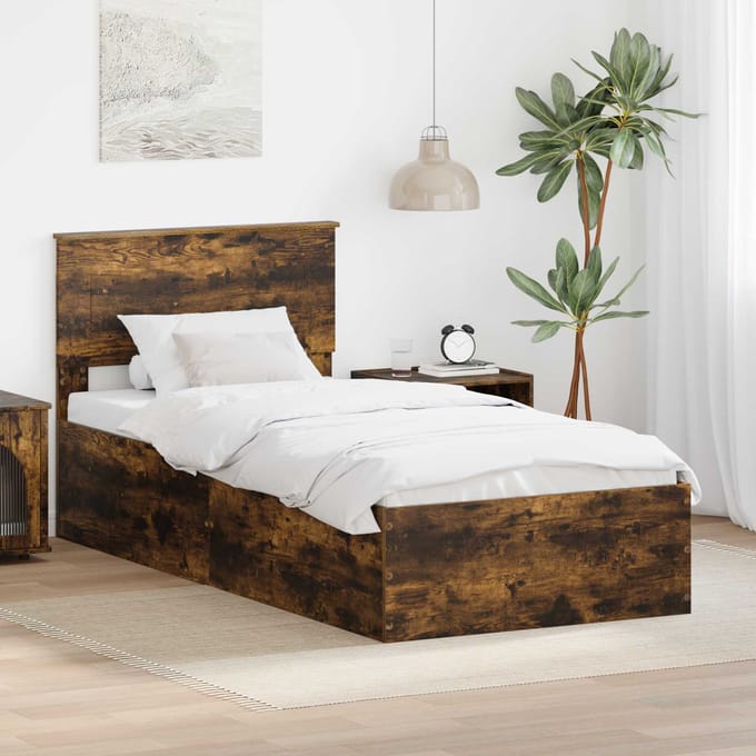vidaXL - Bedframe - met - hoofdeinde - Rook - Eiken - 90 - x - 190 - cm - Bewerkt - hout