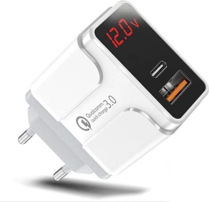 DrPhone HALO5 PRO Qualcom 3.0 Quick Charge 18W Thuislader met PD QC3.0 Type-C Fast Charger & LED-display real-time status - Wit