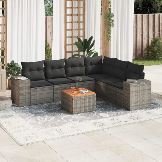 vidaXL 7-delige Loungeset met kussens poly rattan grijs