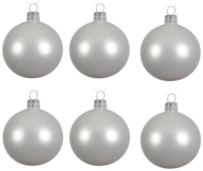 Decoris Kerstballen set - 6x stuks - wit - glas - 6 cm - mat - kerstversiering - zilveren ophanglint