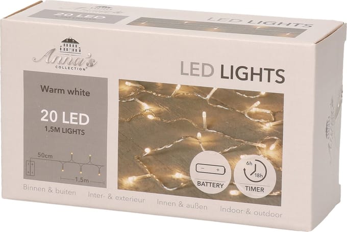 Anna's Collection Kerstverlichting -timer - 20 Led's - warm wit - lichtsnoer