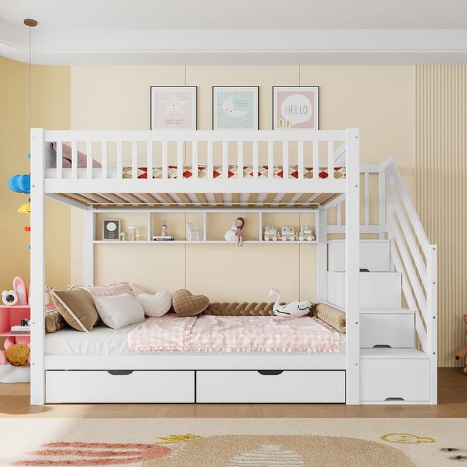 Pugsdrly Stapelbed (zonder matras), kinderbed, met lade, plank, kast, opbergvak, 90 x 200 cm, wit