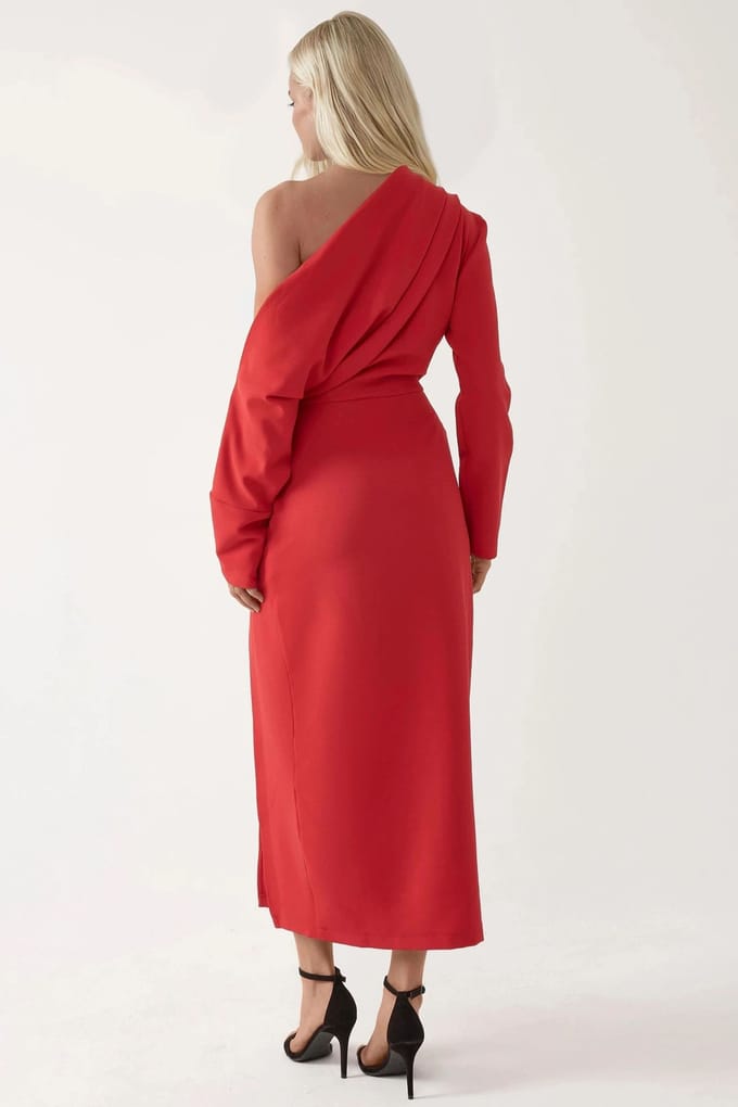 Asymmetrische Kraag Bodycon Midi Jurk met Splits