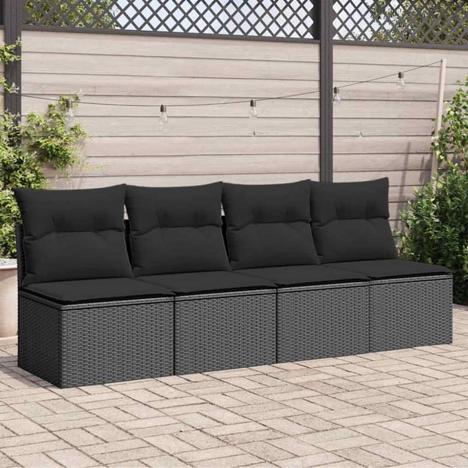 vidaXL - Tuinbank - met - kussens - 4-zits - zwart - poly - rattan