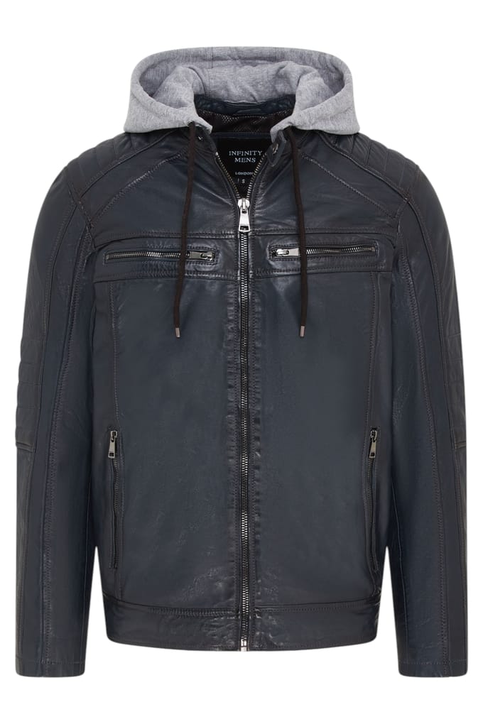 Heren blauwe capuchon biker lamsleren jas - Kingston