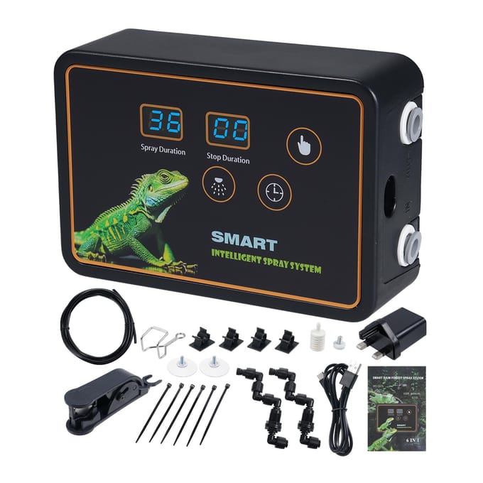 Système de brumisation intelligent pour reptiles Système de pulvérisation intelligent 2 buses de pulvérisation Crochet de réglage à 360 degrés ou UK plug noir