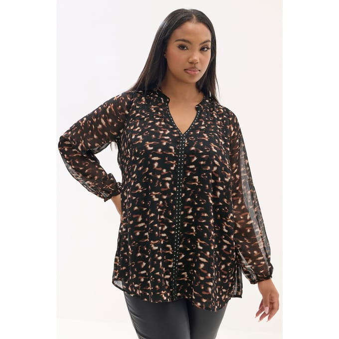 Yours Zwarte Blouse Met Luipaardprint En Studs Size 42