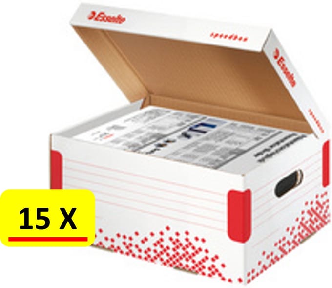 15 X Archiefdoos Esselte Speedbox -Medium - rood/wit gerecycleerd karton - 32 x 37 x 26 cm