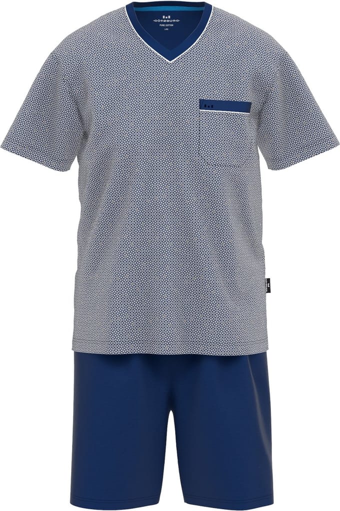 Gotzburg heren shortama V-hals - middenblauw mini dessin