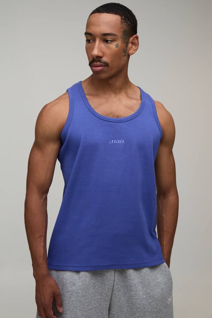 Regular Fit Heren Sport Mouwloos Shirt Met Geribbelde Merkdetails | Cobalt | Size Medium