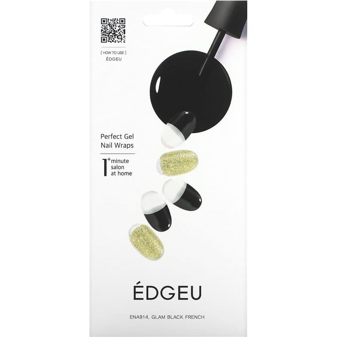 Edgeu, Perfect Gel Nail Wrap, ENA914, Glam Black French, Set de 16 Bandes black