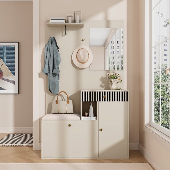 MODFU - Halgarderobe - Met Spiegel En Zitkussen - Modern - Voor De Hal - MDF - 110 x 185,5 x 37 cm