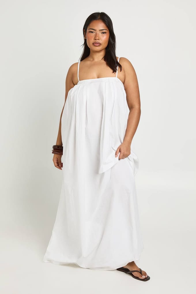 boohoo Dames Plus Katoenen Popeline Geplooide Volume Maxi Jurk | Wit | Maat: 44