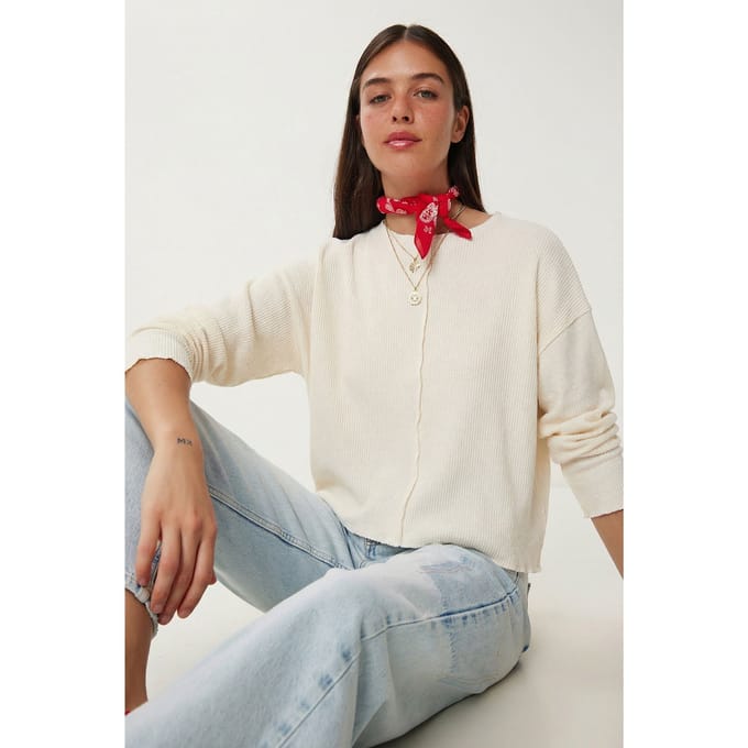 Geribbelde Crew Neck Lange Mouwen Blouse