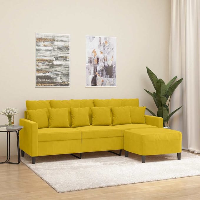 vidaXL - Driezitsbank - met - voetenbank - 180 - cm - fluweel - geel