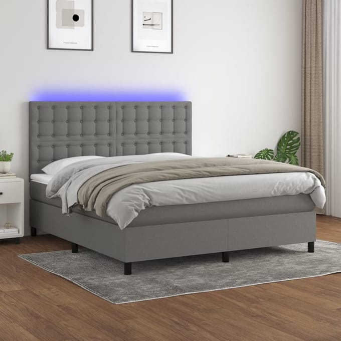 vidaXL - Boxspring - met - matras - en - LED - stof - donkergrijs - 160x200 - cm
