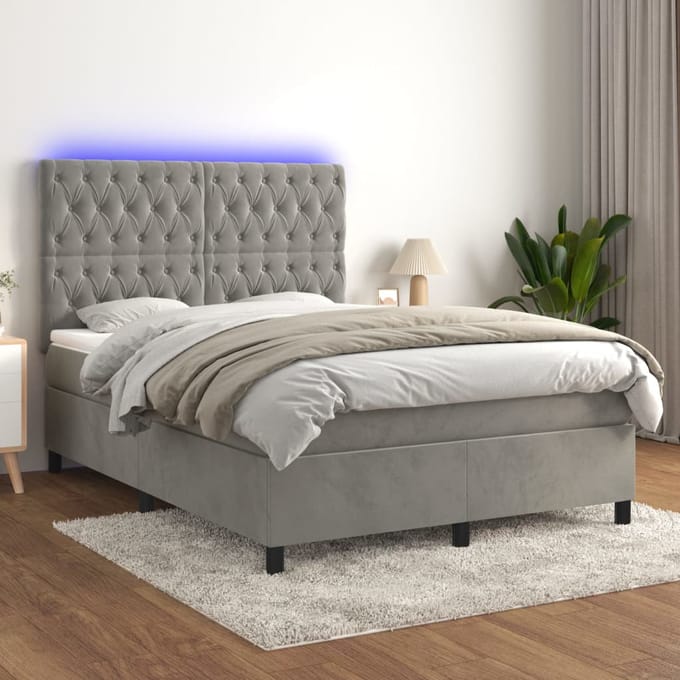 vidaXL - Boxspring - met - matras - en - LED - fluweel - lichtgrijs - 140x190 - cm