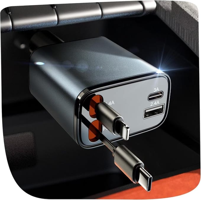 Sounix Autolader USB C & USB A - Snellader 69w - 4-in-1 Intrekbare Autolader - Auto-adapter USB-C snellader - Auto-accessoire - Grijs