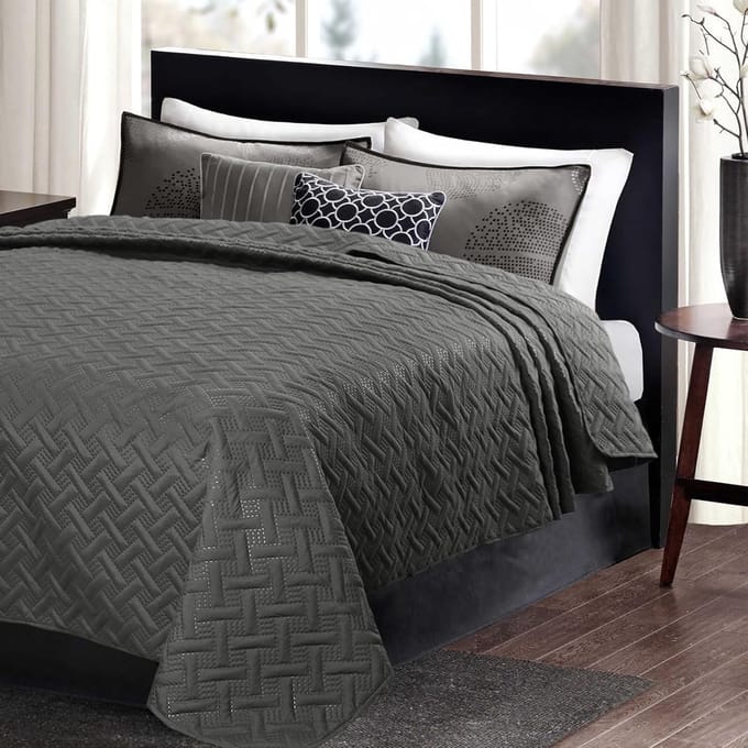 Famanu - Bedsprei 240x260 cm donkergrijs, patchworkontwerp met geometrisch patroon