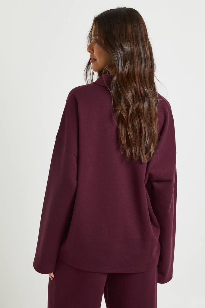 boohoo Dames Interlock Rugby Sweatshirt met Kraag | Bordeaux Rood | Maat: XS