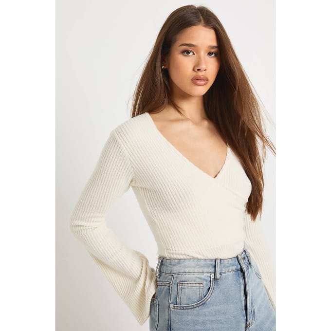 boohoo Dames Zachte Geborstelde Rib V-Hals Bodysuit | Cream | Maat: 6