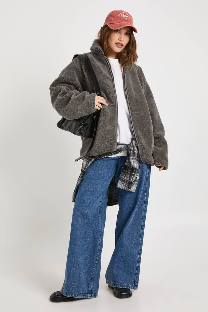 boohoo Dames Oversized Teddy Jas met Rits | Grijs | Maat: 38