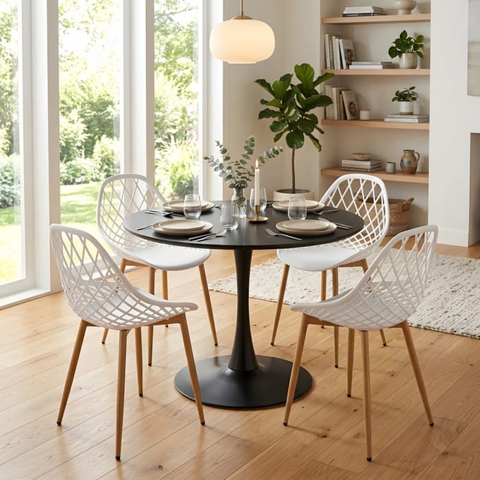 EGGREE eethoek - eettafel met 4 witte stoelen - tafel Ø 100 cm - voor bar - café en eetkamer - zwarte tafel