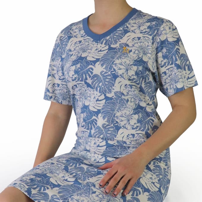 Medaillon Dames Nachthemd - Blader dessin - Katoen - Licht Blauw - Maat S