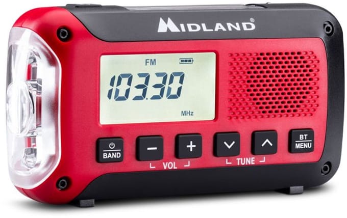 MIDLAND ER250 BT Emergency Bluetooth Radio - Solar - Dynamo - 130 Lumens Flashlight - 2600mAh Powerbank - AM/FM - Mono - Red