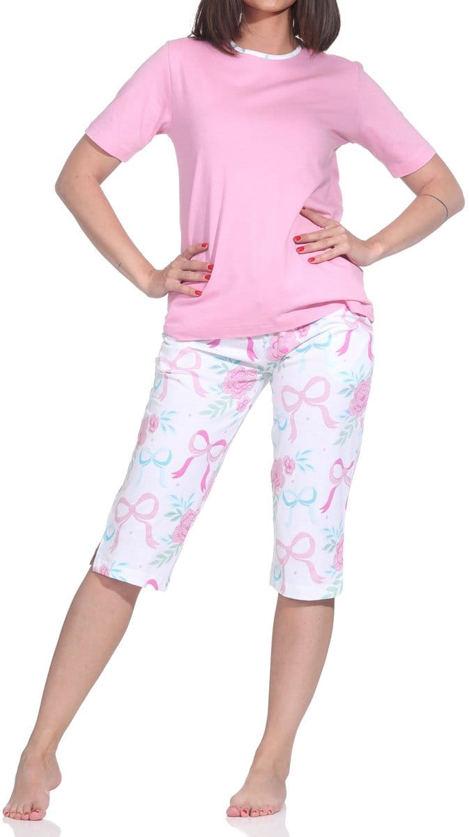 Normann dames capri shortama met korte mouwen – romantisch strik- & rozen-design
