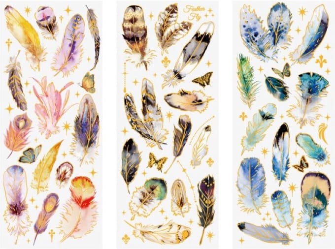 3 stickervellen Veertjes - Stickers Feather - Hobbystickers - Met goud Foil