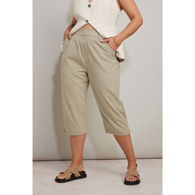 Yours Cropped Broek Van Katoen Met Elastische Taille In Beige Size 48
