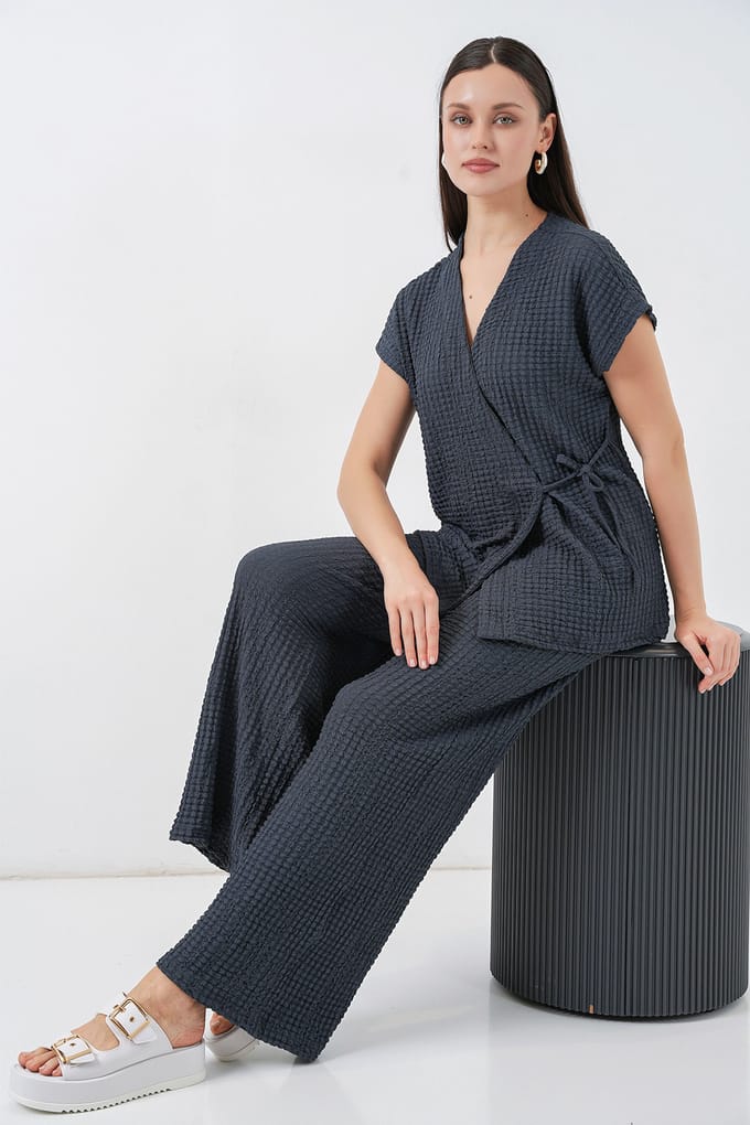 Gestructureerde V-hals Met Strikdetail Twee-delig Co-ord Set