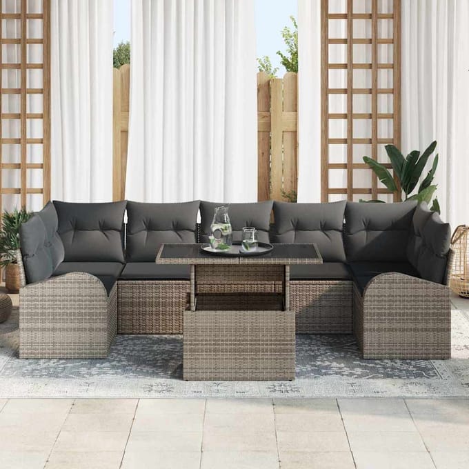 vidaXL Tuinbank Set met kussen met opslag 8 pcs Grijs Poly Riet