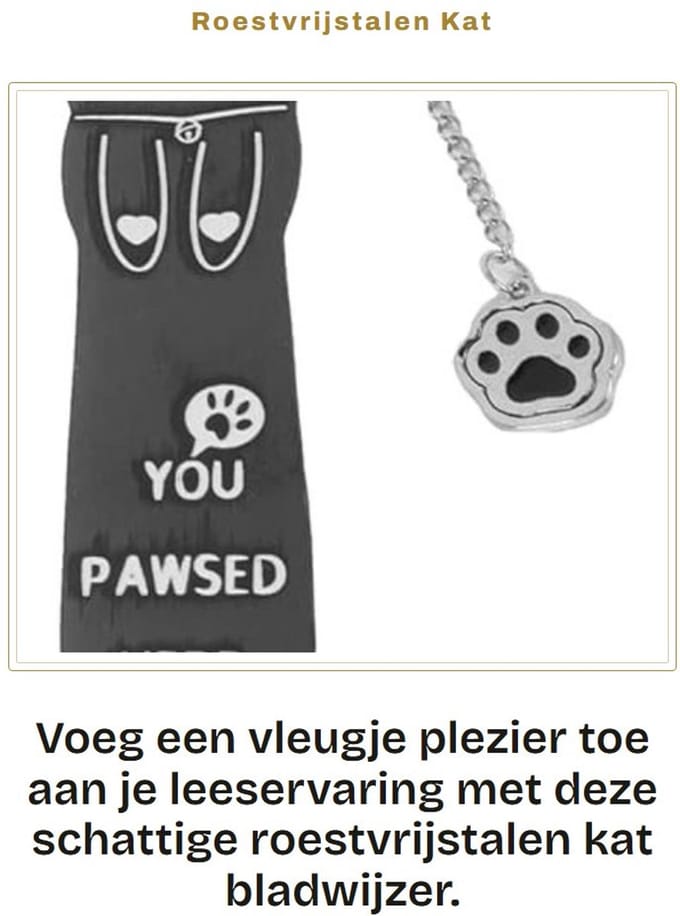 Dailygoods - Roestvrijstalen Kat Bladwijzer met Poot Charm