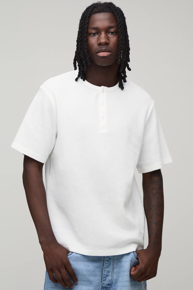 Regular Fit Waffle Henley T-Shirt | White | Size 3XL