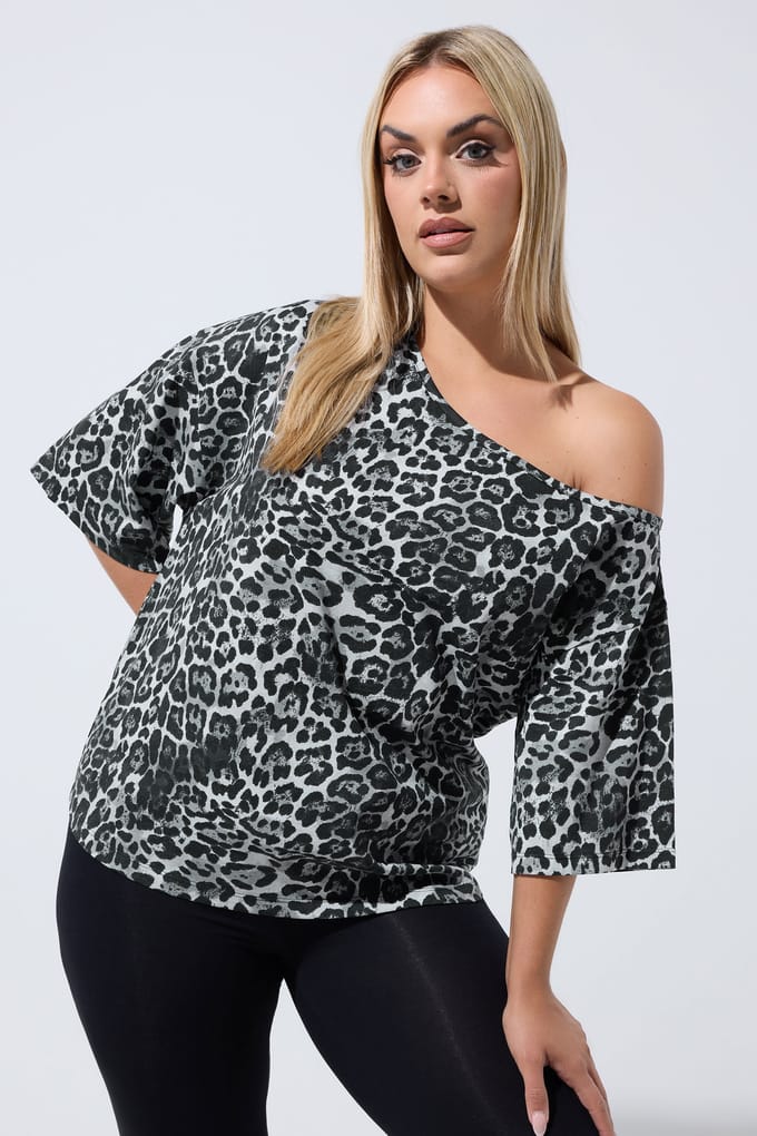 Limited Collection Grijs Offshoulder Tshirt Met Luipaardprint Size 42