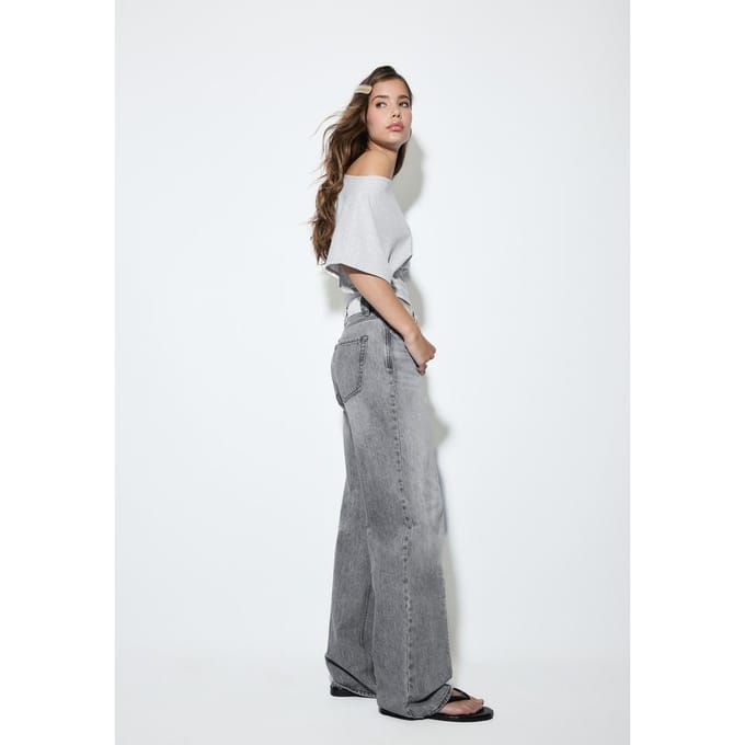 Stradivarius D92 straight wide jeans met scheuren  DONKERGRIJZE DENIM WASSING 44