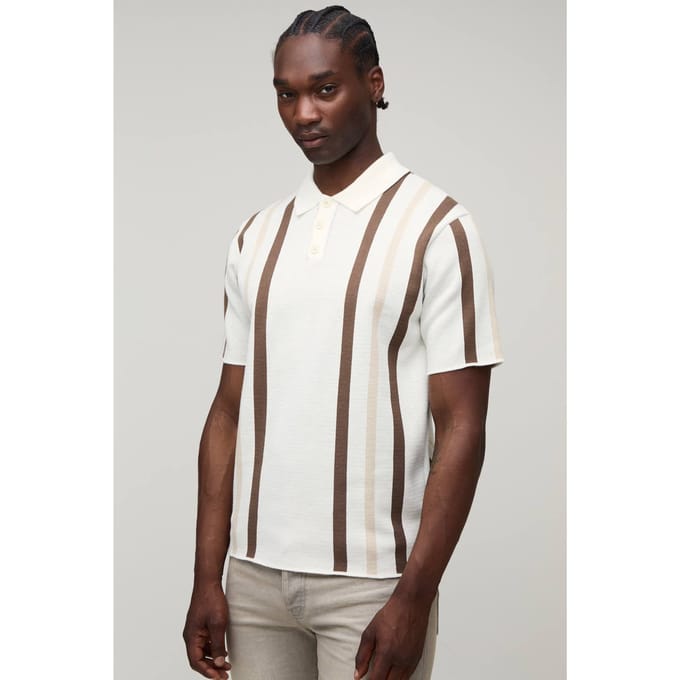 Tall Regular Fit Striped Knitted Polo T-Shirt | Ecru | Size Small