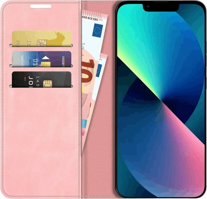 Just in Case hoesje geschikt voor iPhone 14 Plus - Hoesje met Pasjeshouder - Luxe Book Case - Roze