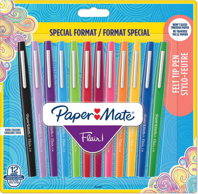 Paper Mate Flair-viltstiften | Medium punt (0,7 mm) | Diverse kleuren | 12 stuks