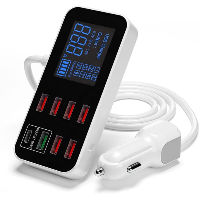 A9S+ 8-poorts USB-autolader Snelle autolader LCD-scherm Ultradunne USB-hub voor telefoon, tablet, DVR wit