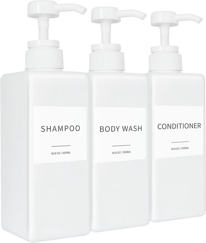 Famanu – Navulbare douchedispensers 500 ml met waterdichte labels – Set van 3 – Wit
