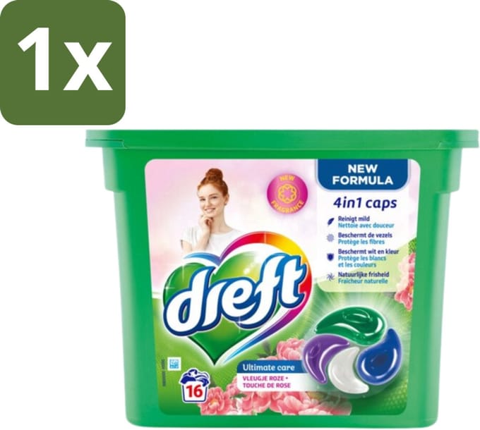 Dreft - Nieuwe Formule - Wasmiddelcapsules 4in1 - Witte en Gekleurde Was - Vleugje Roze - 16 Wasbeurten - 1 stuk