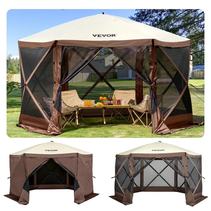 Tonnelle de Camping Pop-up Tonnelle de Camping Abri 6 Côtés 3,6 m x 3,6 m Pare-soleil
